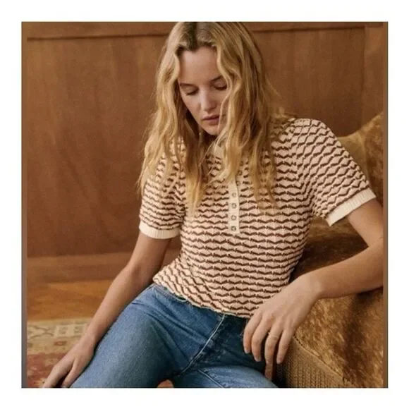 Sézane Mae Jumper Brown Ecru Knit Short Sleeve Puff Sleeve Size Large - Picture 1 of 9